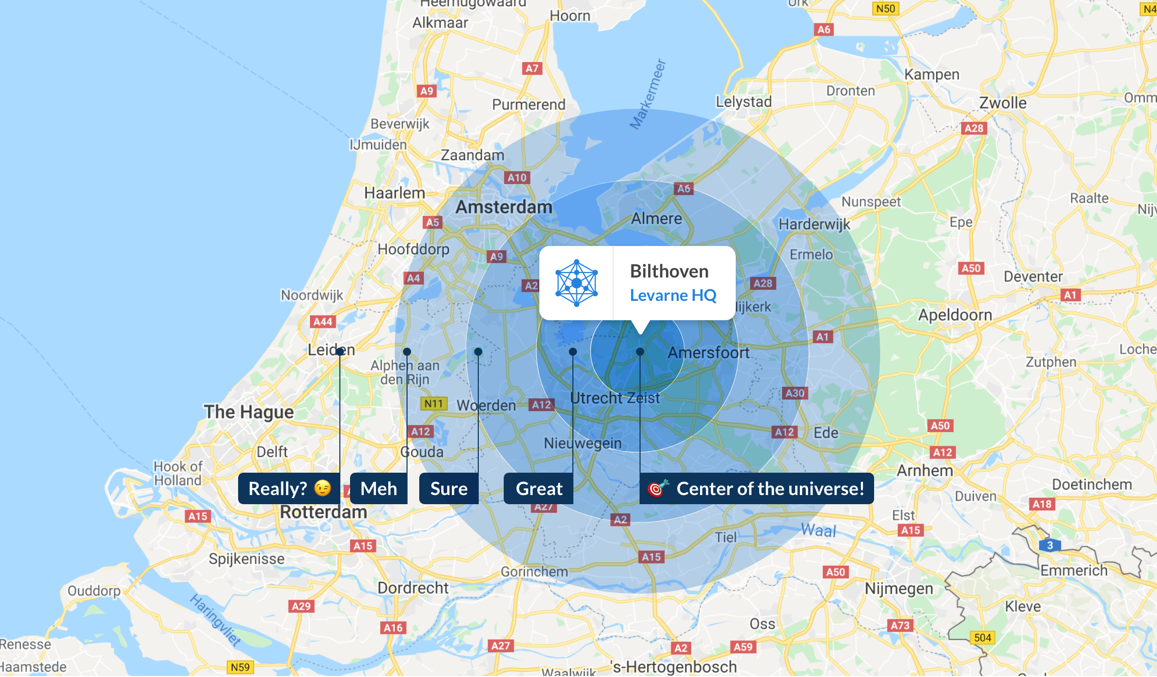 Kaart van Nederland met in het midden het hoofdkantoor van Levarne gelegen in Bilthoven.